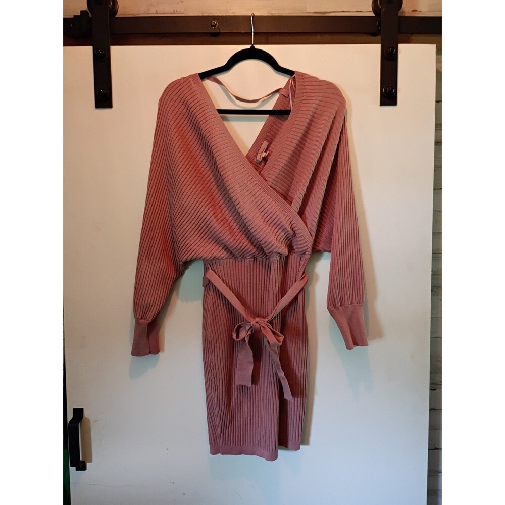 Love Tree Ribbed Knit Wrap Sweater Dress In Pink - Picture 2 of 7